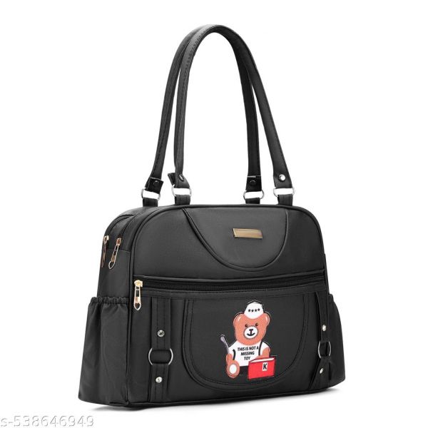 Black 4 Compartments With Side Water Bottle Pocket and Teddy Bear Patch Handbag