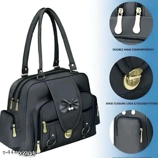 Black Double Zipper Compartments With Side Small Pockets and Shoe Closure Lock Handbag