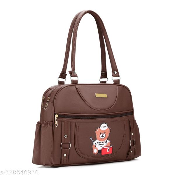 Brown Chocolate 4 Compartments With Side Water Bottle Pocket and Teddy Bear Patch Handbag
