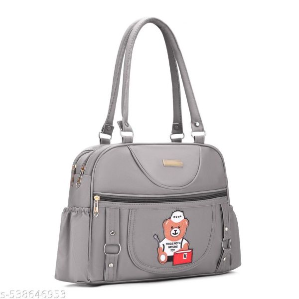 Grey 4 Compartments With Side Water Bottle Pocket and Teddy Bear Patch Handbag