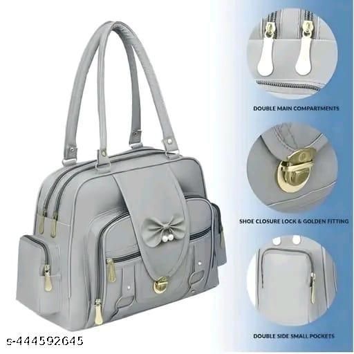 Grey Double Zipper Compartments With Side Small Pockets and Shoe Closure Lock Handbag
