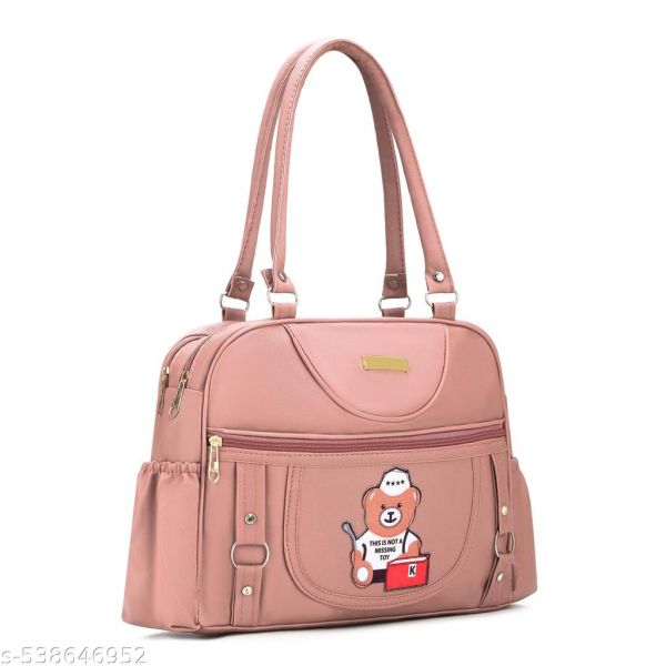 Peach 4 Compartments With Side Water Bottle Pocket and Teddy Bear Patch Handbag