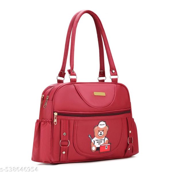 Tomato Red 4 Compartments With Side Water Bottle Pocket and Teddy Bear Patch Handbag